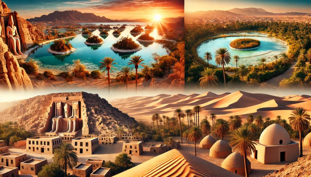 DALL·E 2024 12 04 21.09.39 A realistic natural collage of Siwa Oasis Egypt. The image combines breathtaking salt lakes with their serene blue waters Cleopatras Spring surroun DALL·E 2024 12 04 21.09.39 A realistic natural collage of Siwa Oasis Egypt. The image combines breathtaking salt lakes with their serene blue waters Cleopatras Spring surroun