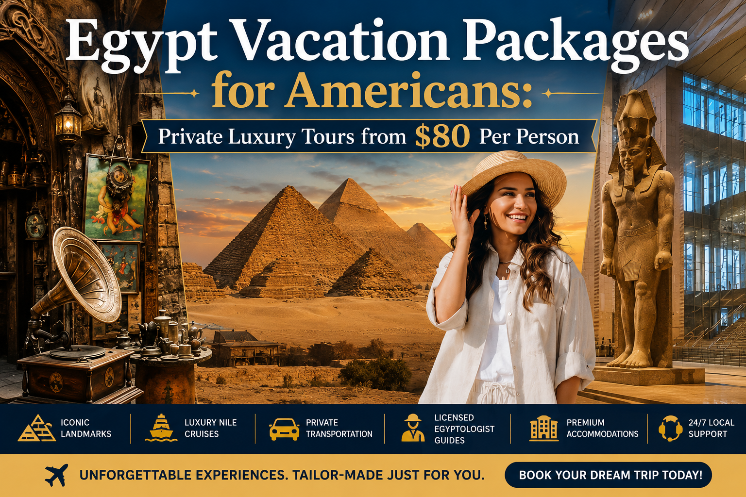 Private luxury Egypt vacation package for American travelers featuring the Great Pyramids of Giza, premium accommodations, expert-guided tours, and customizable itineraries from $80 per person.