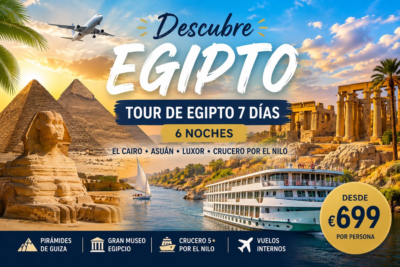 Tour de Egipto 7 días con las Pirámides de Guiza, la Esfinge, el Gran Museo Egipcio, un crucero de lujo por el Nilo entre Asuán y Luxor, y vuelos internos incluidos desde €699 por persona.