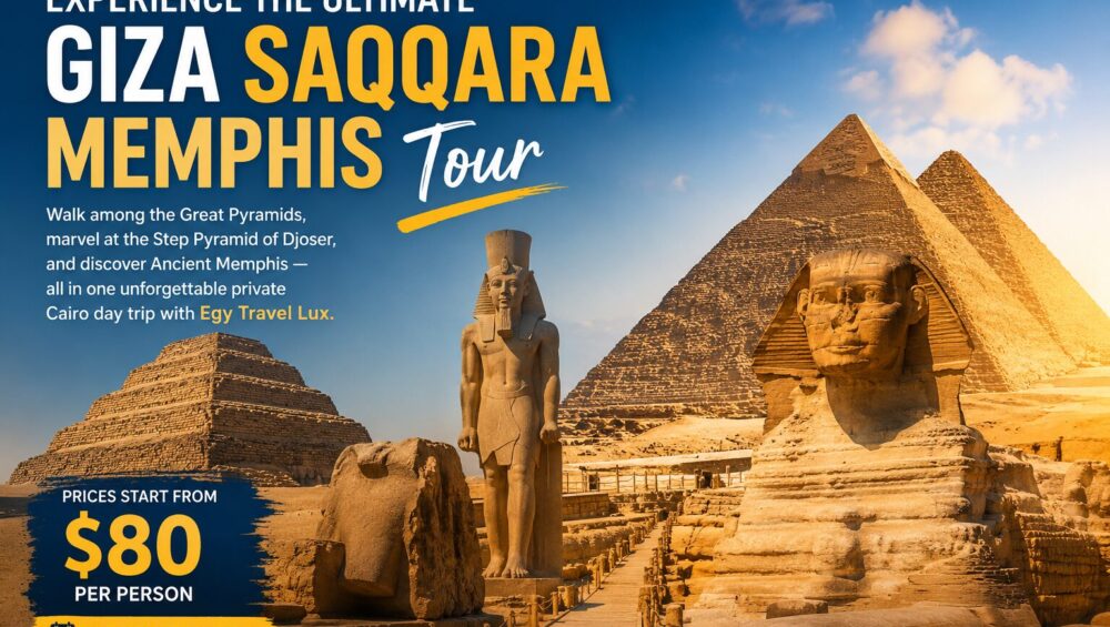 Discover the best Giza Saqqara Memphis Tour and visit the Pyramids, Sphinx, Step Pyramid of Djoser, and Ancient Memphis in one private Cairo day trip. Prices start from just $80 per person. Book your adventure today.