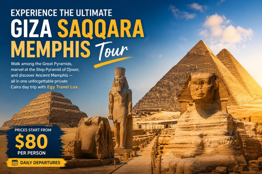 Discover the best Giza Saqqara Memphis Tour and visit the Pyramids, Sphinx, Step Pyramid of Djoser, and Ancient Memphis in one private Cairo day trip. Prices start from just $80 per person. Book your adventure today.