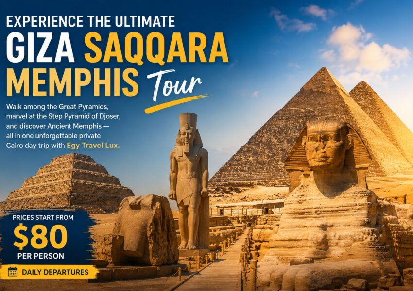 Discover the best Giza Saqqara Memphis Tour and visit the Pyramids, Sphinx, Step Pyramid of Djoser, and Ancient Memphis in one private Cairo day trip. Prices start from just $80 per person. Book your adventure today.