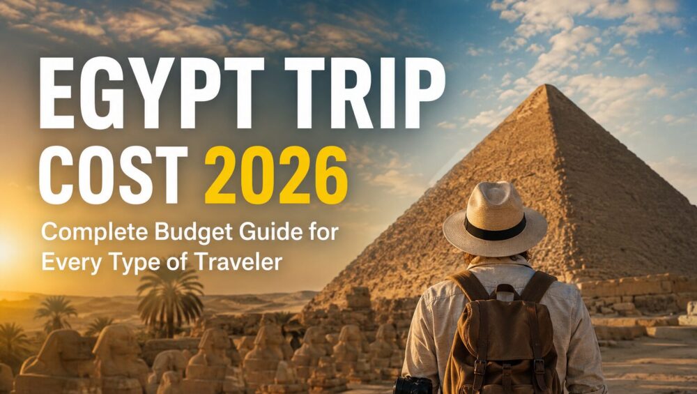 A traveler stands before the Great Pyramids of Giza and the Sphinx at sunrise, overlooking one of Egypt's most iconic archaeological sites. Bold headline text reads "Egypt Trip Cost 2026: Complete Budget Guide for Every Traveler," highlighting a comprehensive guide to travel expenses, budgeting tips, and vacation planning for visitors to Egypt in 2026.