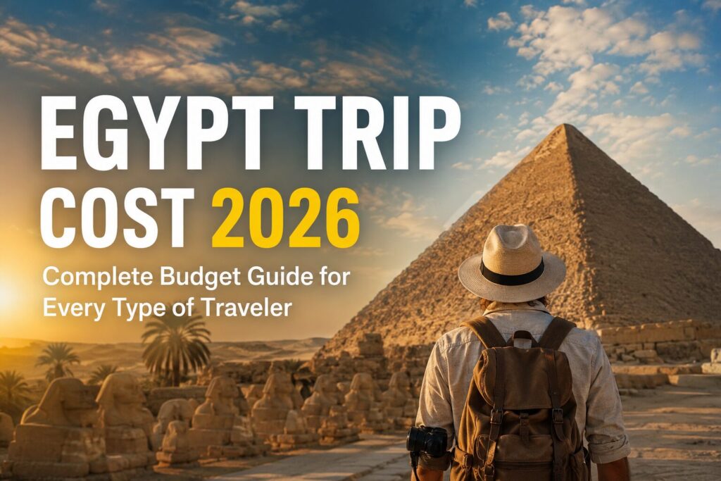 A traveler stands before the Great Pyramids of Giza and the Sphinx at sunrise, overlooking one of Egypt's most iconic archaeological sites. Bold headline text reads "Egypt Trip Cost 2026: Complete Budget Guide for Every Traveler," highlighting a comprehensive guide to travel expenses, budgeting tips, and vacation planning for visitors to Egypt in 2026.