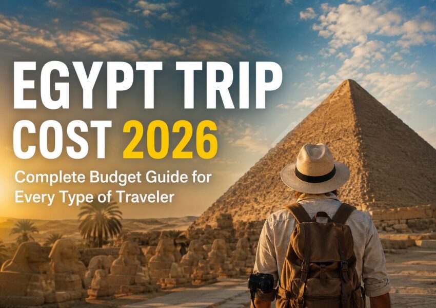 A traveler stands before the Great Pyramids of Giza and the Sphinx at sunrise, overlooking one of Egypt's most iconic archaeological sites. Bold headline text reads "Egypt Trip Cost 2026: Complete Budget Guide for Every Traveler," highlighting a comprehensive guide to travel expenses, budgeting tips, and vacation planning for visitors to Egypt in 2026.