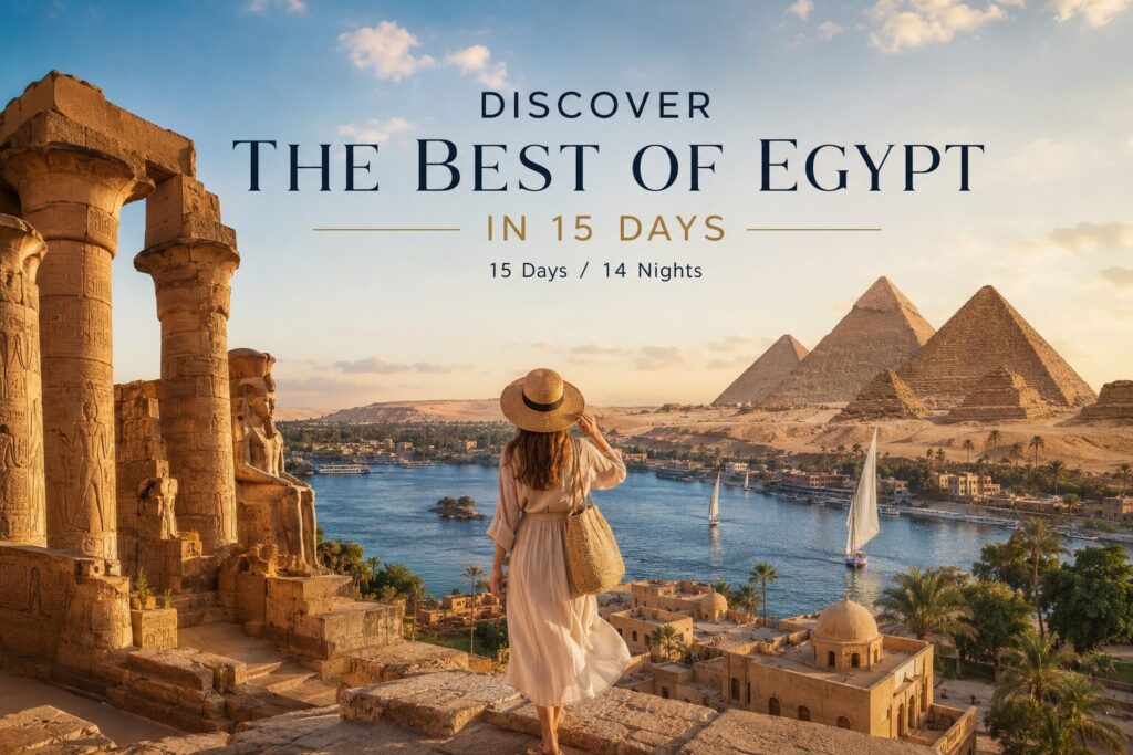 Discover the Best of Egypt in 15 Days featuring the Pyramids of Giza, the Nile River, Luxor temples, Siwa Oasis, White Desert, and Hurghada, showcasing Egypt’s most iconic destinations in one unforgettable luxury journey.