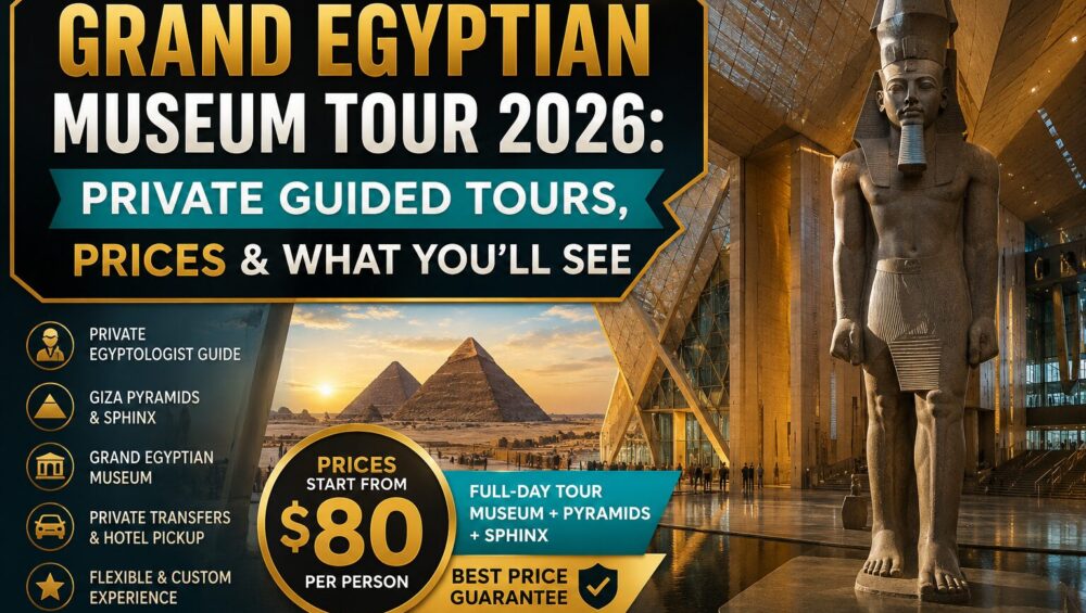 Grand Egyptian Museum Tour 2026 featuring private guided tours, Giza Pyramids, the Great Sphinx, and prices starting from $80 per person in Cairo, Egypt.