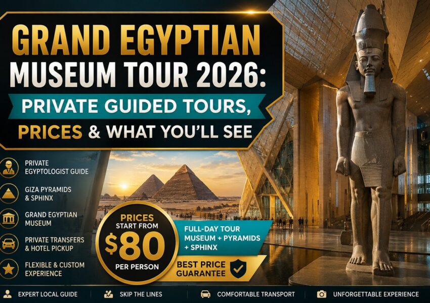 Grand Egyptian Museum Tour 2026 featuring private guided tours, Giza Pyramids, the Great Sphinx, and prices starting from $80 per person in Cairo, Egypt.