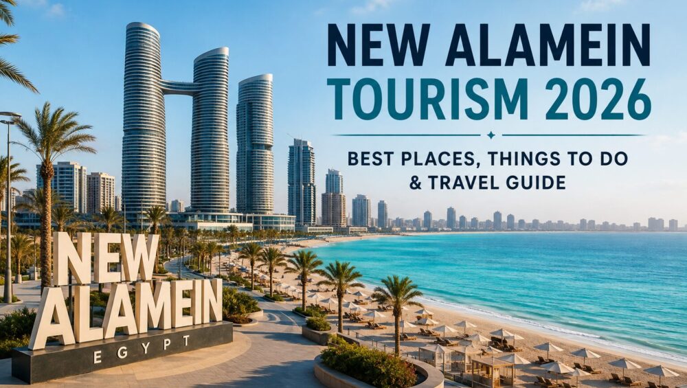 New Alamein Tourism 2026 featuring modern skyscraper towers, turquoise Mediterranean Sea, palm-lined beachfront promenade, sandy beaches, and the iconic New Alamein skyline in Egypt.