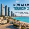 New Alamein Tourism 2026 featuring modern skyscraper towers, turquoise Mediterranean Sea, palm-lined beachfront promenade, sandy beaches, and the iconic New Alamein skyline in Egypt.