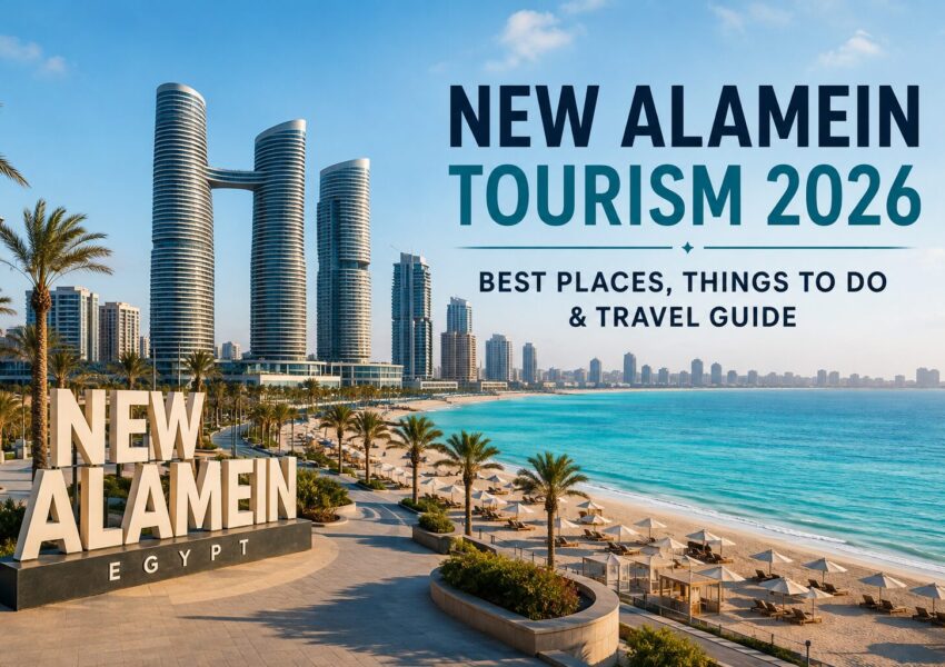 New Alamein Tourism 2026 featuring modern skyscraper towers, turquoise Mediterranean Sea, palm-lined beachfront promenade, sandy beaches, and the iconic New Alamein skyline in Egypt.