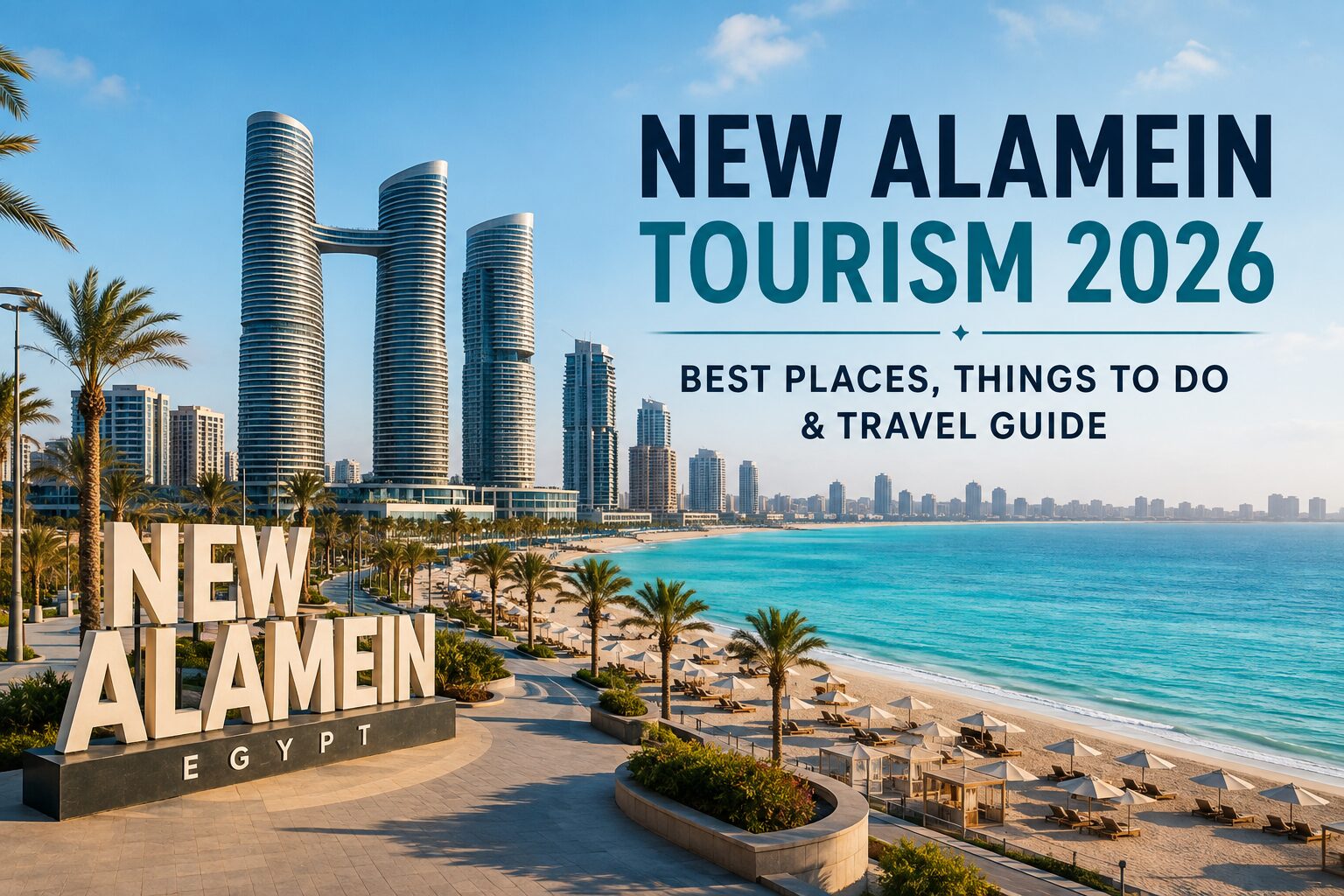 New Alamein Tourism 2026 featuring modern skyscraper towers, turquoise Mediterranean Sea, palm-lined beachfront promenade, sandy beaches, and the iconic New Alamein skyline in Egypt.