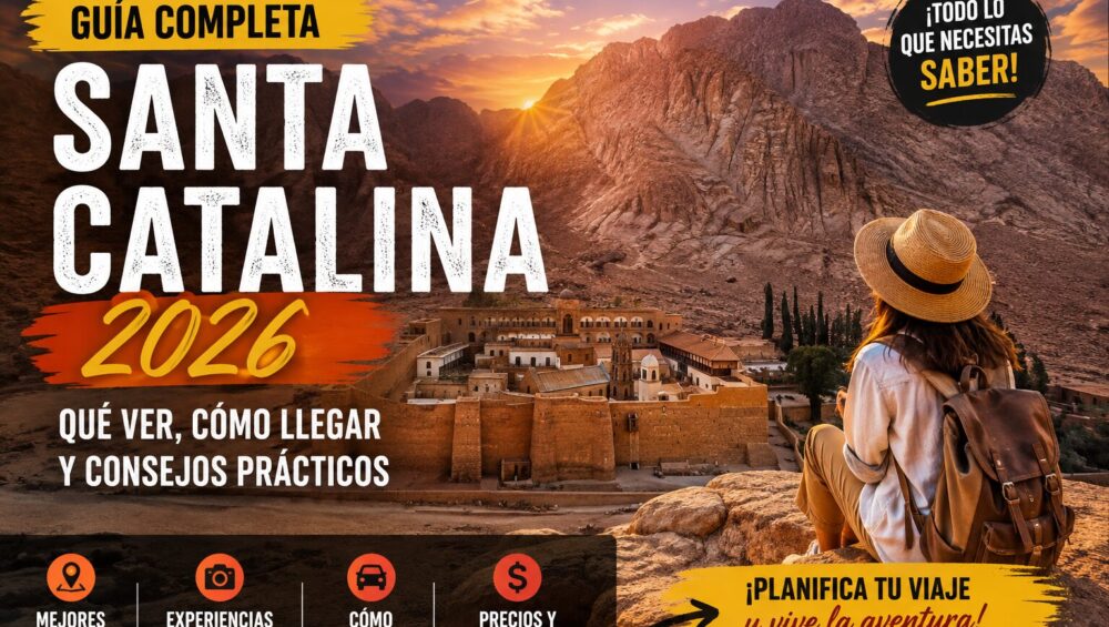 Guía de Santa Catalina 2026 en Egipto con el Monte Sinaí y el Monasterio de Santa Catalina al atardecer.