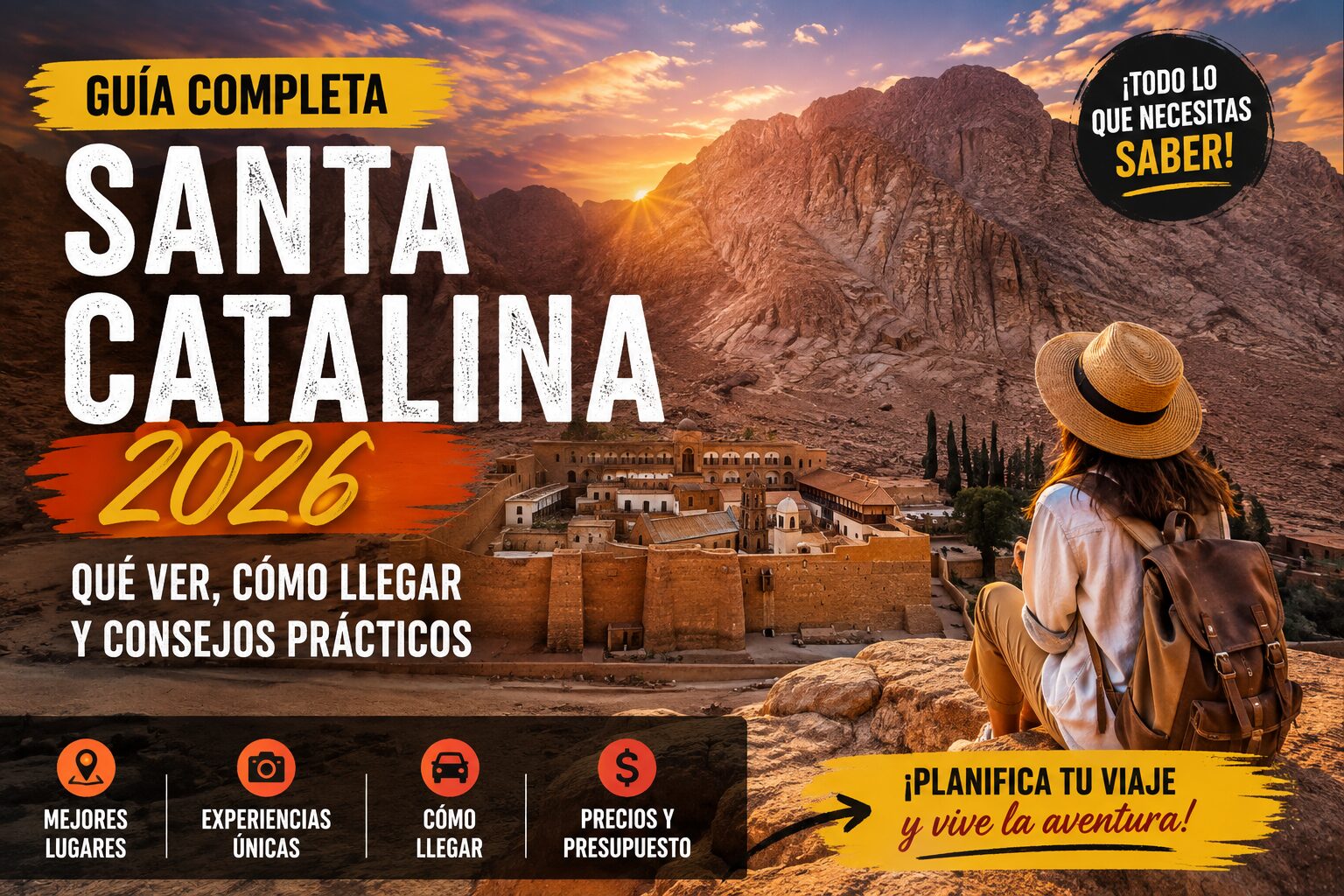 Guía de Santa Catalina 2026 en Egipto con el Monte Sinaí y el Monasterio de Santa Catalina al atardecer.