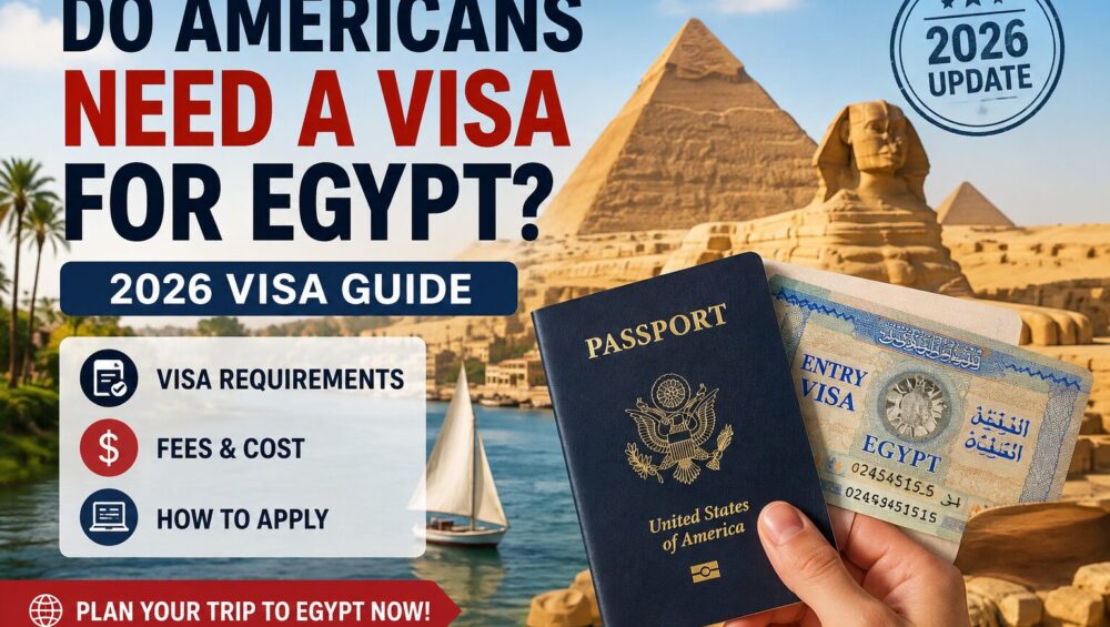 Do Americans Need a Visa for Egypt? American traveler holding a U.S. passport and Egypt tourist visa with the Pyramids of Giza and the Sphinx in the background, illustrating the 2026 Egypt visa requirements, visa fees, application process, and entry rules for U.S. citizens.