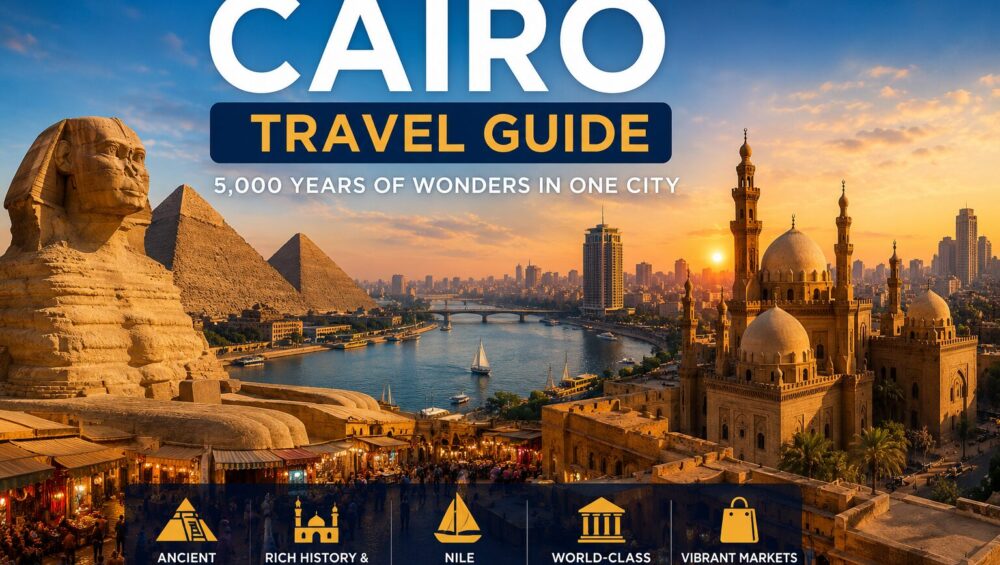 Cairo Travel Guide 2026 showcasing the Pyramids of Giza, the Great Sphinx, the Nile River, and Cairo skyline, highlighting the best places to visit and top attractions in Cairo, Egypt.