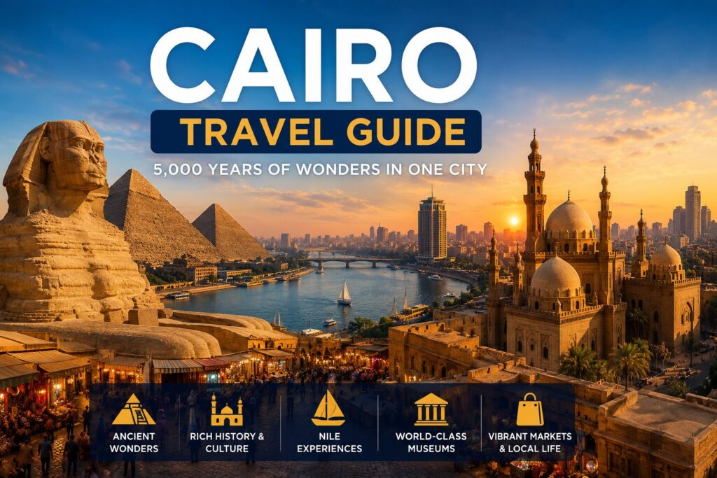 Cairo Travel Guide 2026 showcasing the Pyramids of Giza, the Great Sphinx, the Nile River, and Cairo skyline, highlighting the best places to visit and top attractions in Cairo, Egypt.