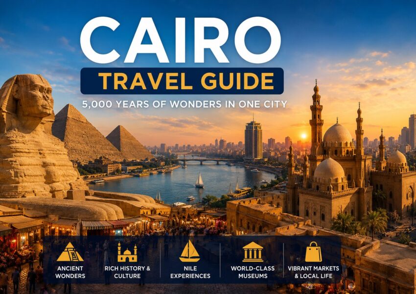 Cairo Travel Guide 2026 showcasing the Pyramids of Giza, the Great Sphinx, the Nile River, and Cairo skyline, highlighting the best places to visit and top attractions in Cairo, Egypt.