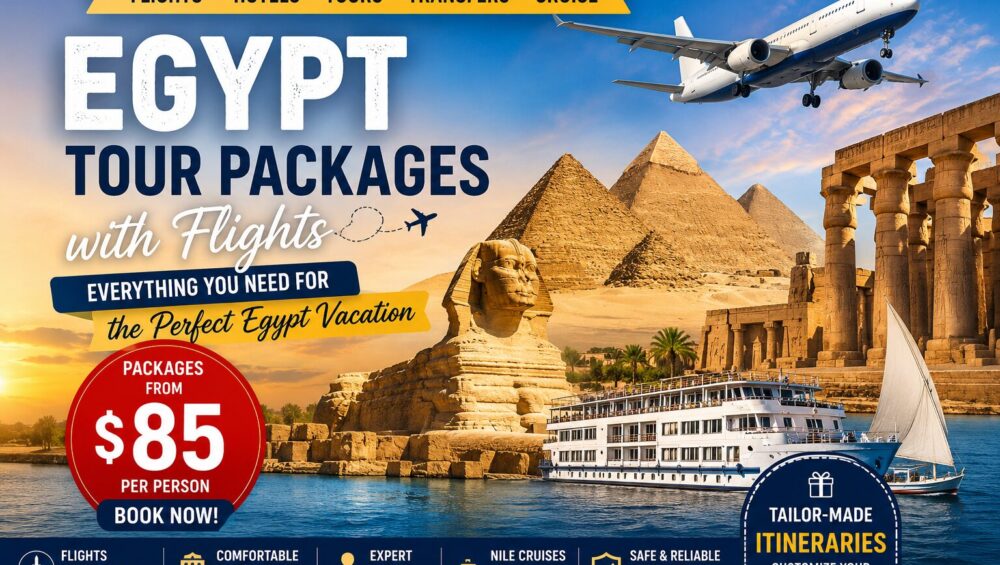 Egypt tour packages with flights featuring the Pyramids of Giza, Sphinx, Nile cruise, ancient temples, and customized Egypt vacation itineraries starting from $85