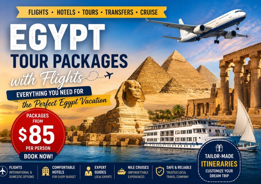 Egypt tour packages with flights featuring the Pyramids of Giza, Sphinx, Nile cruise, ancient temples, and customized Egypt vacation itineraries starting from $85