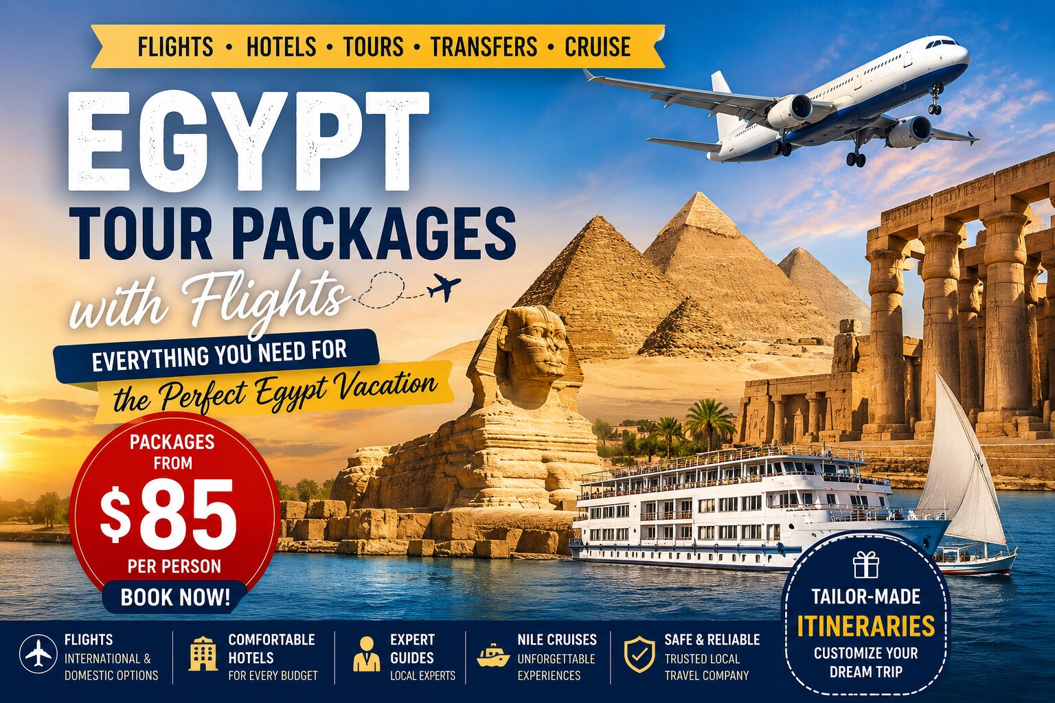 Egypt tour packages with flights featuring the Pyramids of Giza, Sphinx, Nile cruise, ancient temples, and customized Egypt vacation itineraries starting from $85