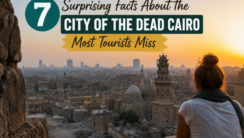 City of the Dead Cairo historic district at sunset with Islamic architecture and Cairo skyline