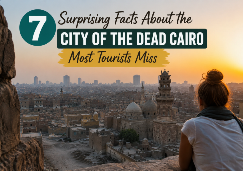 City of the Dead Cairo historic district at sunset with Islamic architecture and Cairo skyline