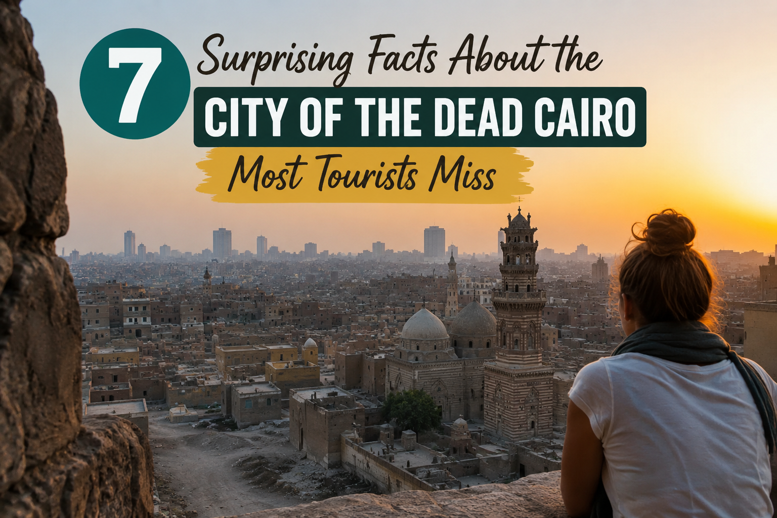 City of the Dead Cairo historic district at sunset with Islamic architecture and Cairo skyline