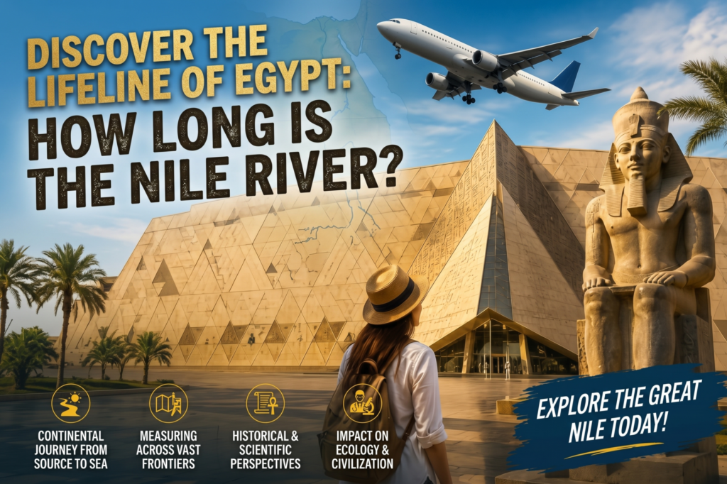 How long is the Nile River? Discover its 6,650 km journey, Nile cruise routes, best travel seasons, Egypt tour prices, and iconic sights in Cairo, Luxor & Aswan.:Nile River in Aswan Egypt with traditional felucca boats and palm trees