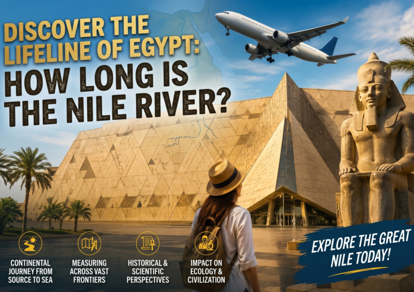 How long is the Nile River? Discover its 6,650 km journey, Nile cruise routes, best travel seasons, Egypt tour prices, and iconic sights in Cairo, Luxor & Aswan.:Nile River in Aswan Egypt with traditional felucca boats and palm trees