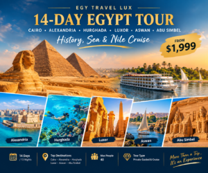 Experience a 14-day Egypt tour from $1,999 covering Cairo, Alexandria, Hurghada, Luxor, Aswan, Abu Simbel and a luxury Nile Cruise.