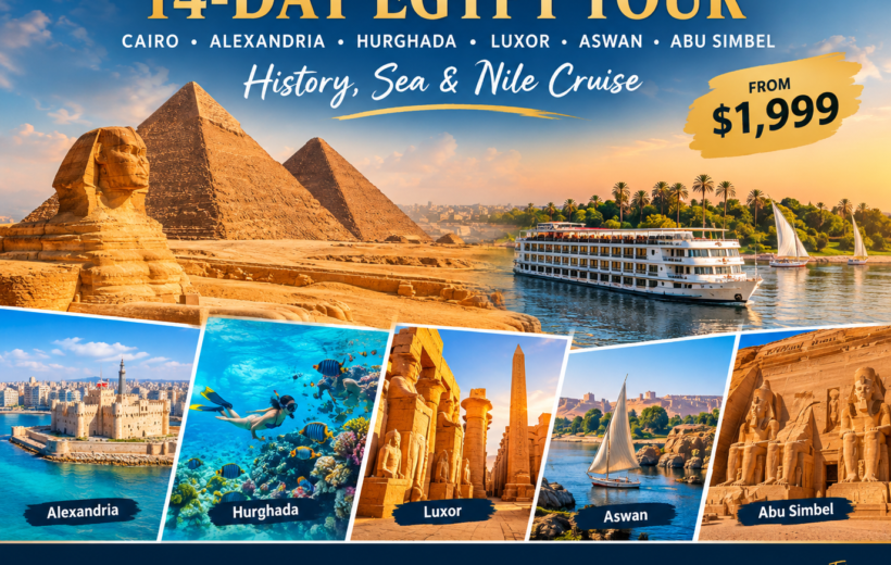 Experience a 14-day Egypt tour from $1,999 covering Cairo, Alexandria, Hurghada, Luxor, Aswan, Abu Simbel and a luxury Nile Cruise.