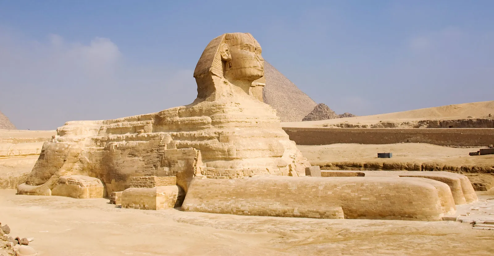 The Great Sphinx of Giza carved from natural limestone bedrock on the Giza Plateau in Egypt