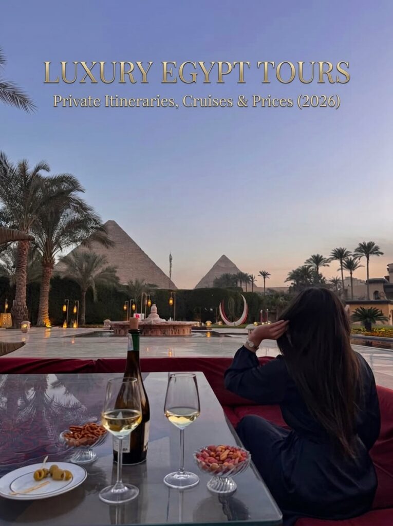 Luxury Egypt Tours featuring a five-star Nile cruise sailing at sunset
