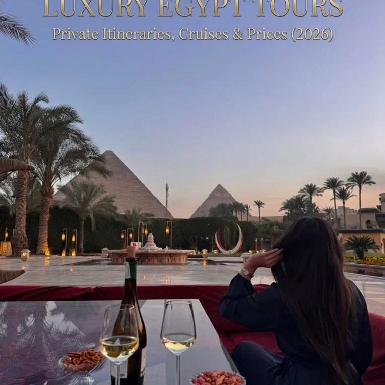 Luxury Egypt Tours featuring a five-star Nile cruise sailing at sunset