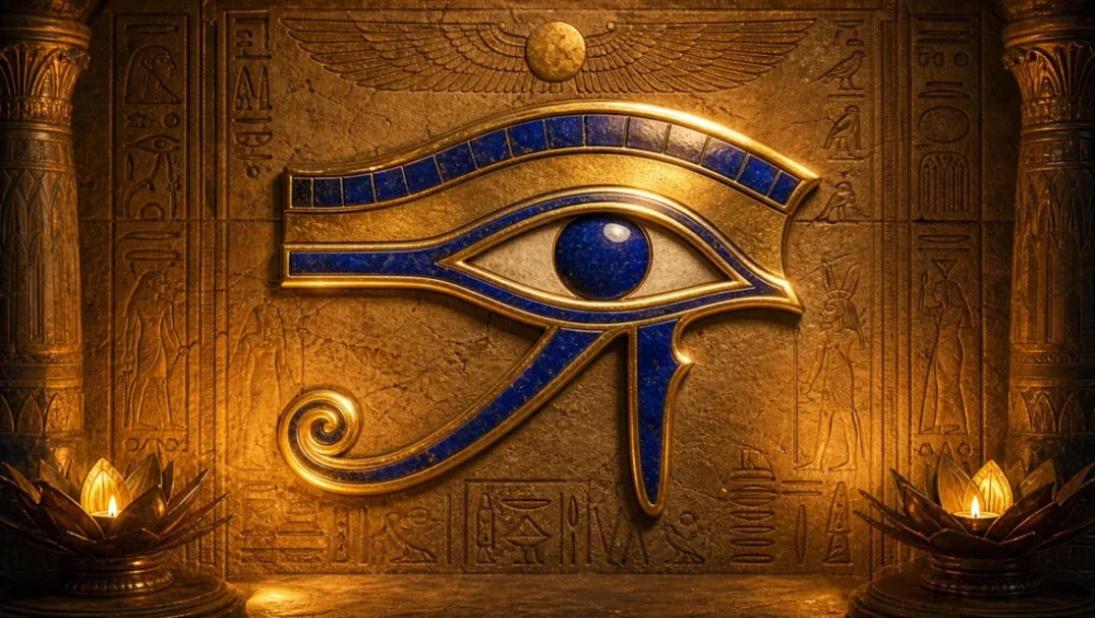 Traditional ancient Egyptian Eye of Horus (Wedjat) symbol showing the stylized human eye, eyebrow, curved cheek marking of the lanner falcon, and teardrop line