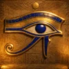 Traditional ancient Egyptian Eye of Horus (Wedjat) symbol showing the stylized human eye, eyebrow, curved cheek marking of the lanner falcon, and teardrop line