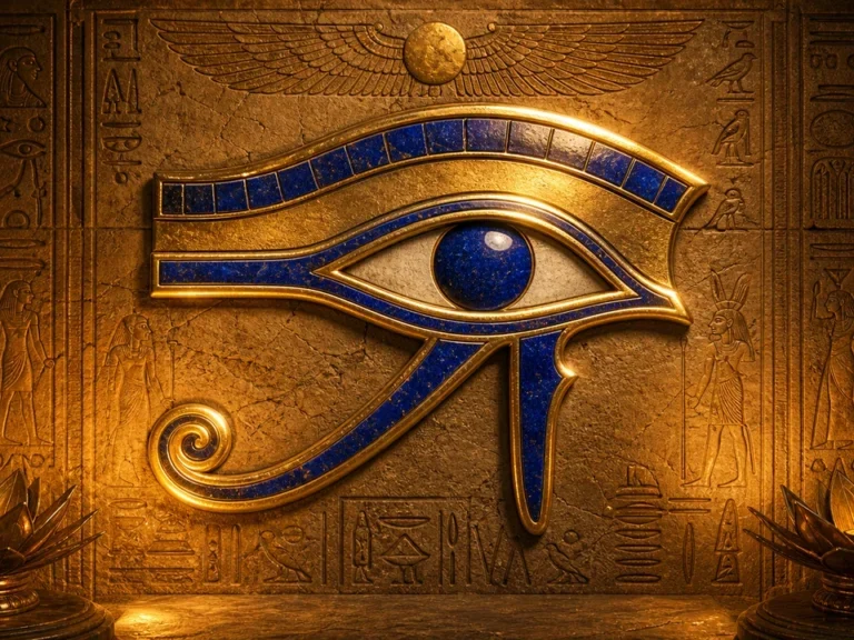 Traditional ancient Egyptian Eye of Horus (Wedjat) symbol showing the stylized human eye, eyebrow, curved cheek marking of the lanner falcon, and teardrop line
