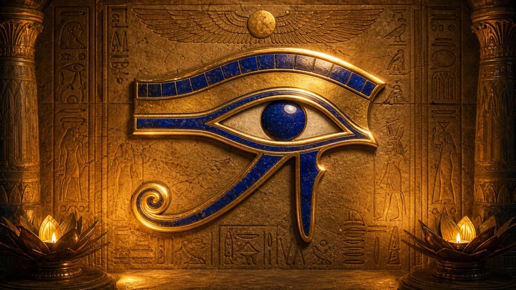 Traditional ancient Egyptian Eye of Horus (Wedjat) symbol showing the stylized human eye, eyebrow, curved cheek marking of the lanner falcon, and teardrop line